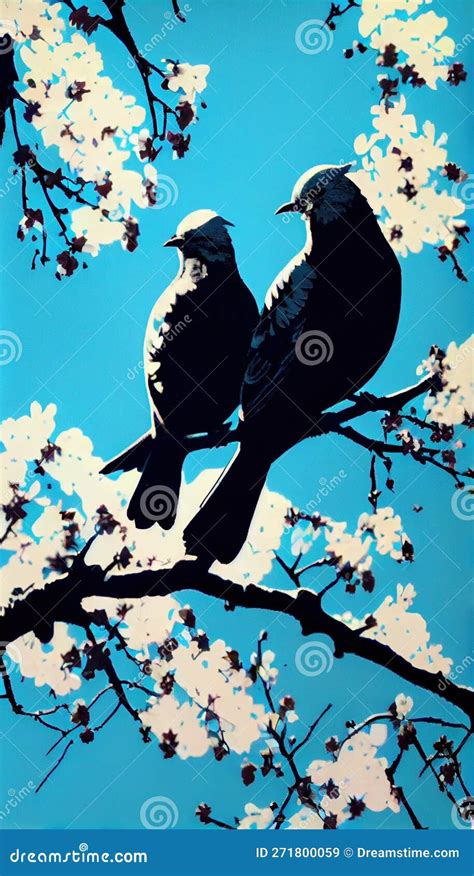 Pair Of Doves Perched On Cherry Blossom Branch Against Blue Sky Made