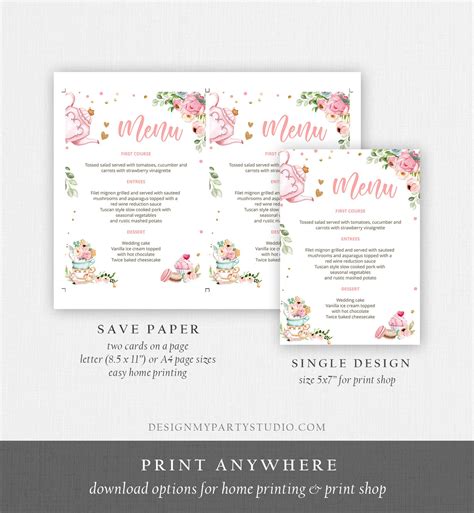 Editable Floral Tea Menu Card Tea Birthday Pink Gold Confetti Etsy