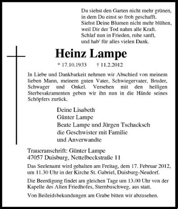 Traueranzeigen Von Heinz Lampe Trauer In Nrw De