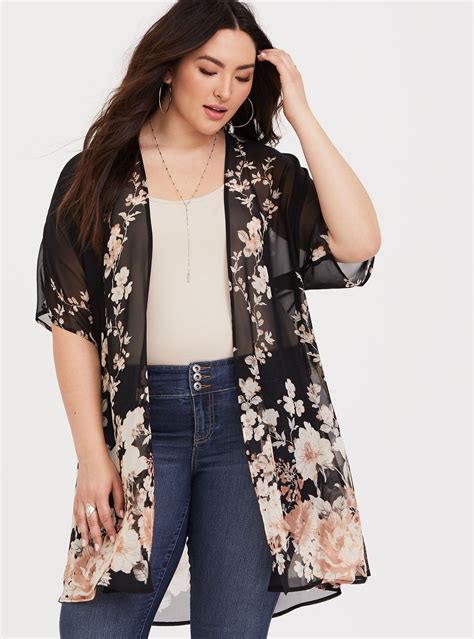 Black Floral Chiffon Kimono Plus Size Outfits Plus Size Fashion