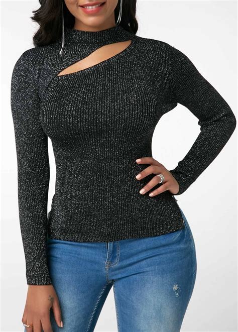 Black Mock Neck Long Sleeve Cutout Front Sweater Usd 28