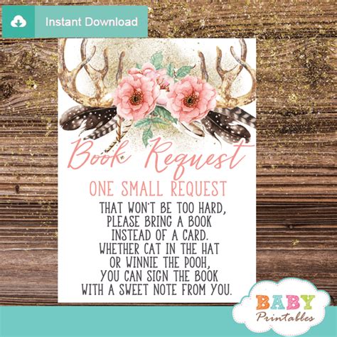 Coral Pink Floral Deer Antler Book Request Cards D323 Baby Printables