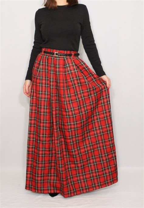 Red Plaid Skirt Tartan Skirt Women Maxi Skirt High By Dresslike