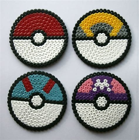 Set of four Pokéball Coasters made of Hama Beads