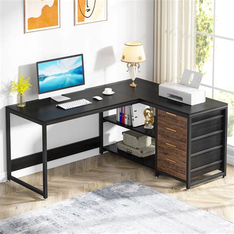 L-Shaped Desk, 59″ Reversible Corner Desk with Drawers & Shelves ...