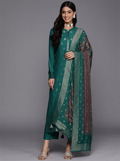 Buy Libas Women Green Printed Pashmina Wool Kurta With Trousers And With