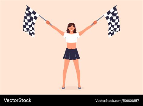 Woman Holding Racing Flags In Hands Announces Vector Image