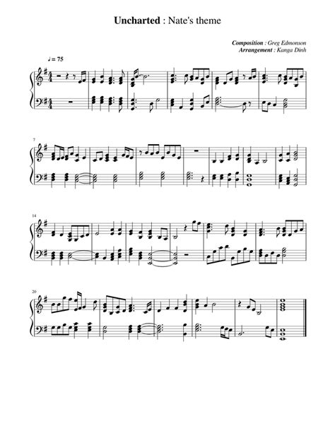 Uncharted Nates Theme Piano Sheet Music For Piano Solo