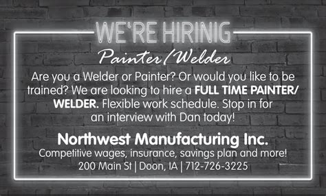 Northwest Manufacturing Inc Hiring Painter Welder In Doon IA