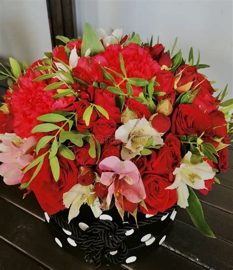 Flowers Cute Bouquet With Roses And Alstroemerias Pink White Green Wooden Box Stock Image