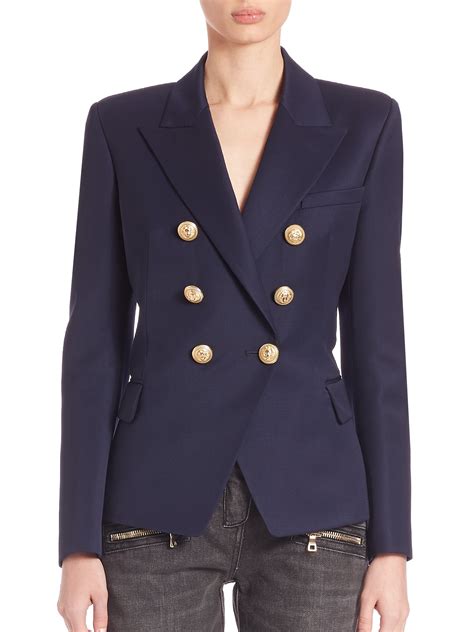 Balmain Double Breasted Wool Blazer In Blue Lyst