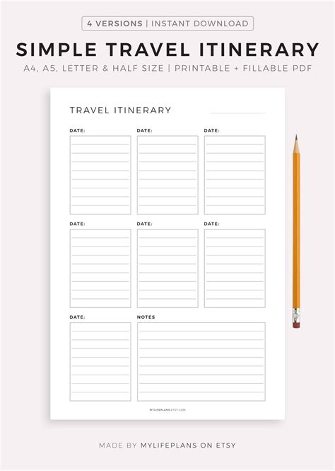 Simple Travel Itinerary Printable, Travel Planner Template, Vacation ...