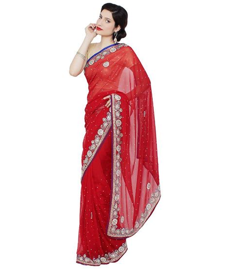 Saree Palace Red Semi Chiffon Saree Buy Saree Palace Red Semi Chiffon