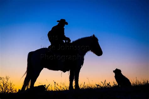 Silhouette Of Cowboy On Horse And His Dog At Sunrise Inge Johnsson