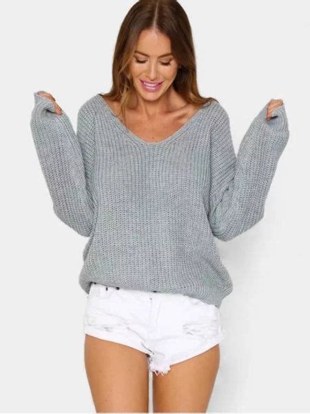 Fun Back Lace Up V Neck Pullover Sweater Pullover Sweaters Batwing