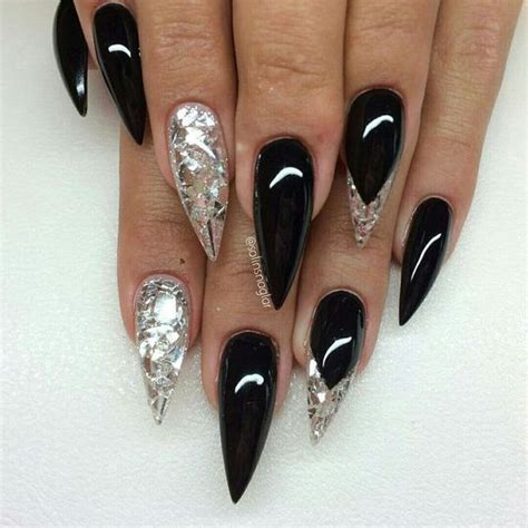 36 Stunning Black Stiletto Nail Designs In 2020 Silver Nails