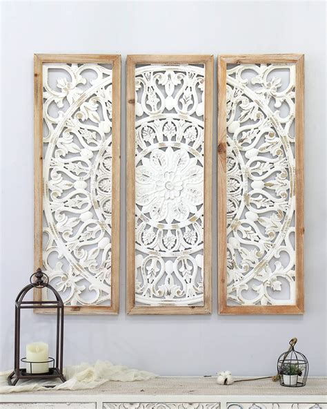 CASOLLY Carved Wood Wall Decor,Floral-Patterned Wooden Panels (Set of 3 ...