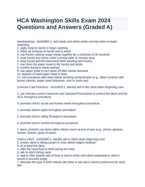 HCA Washington Skills Exam 2024 Questions And Answers Graded A