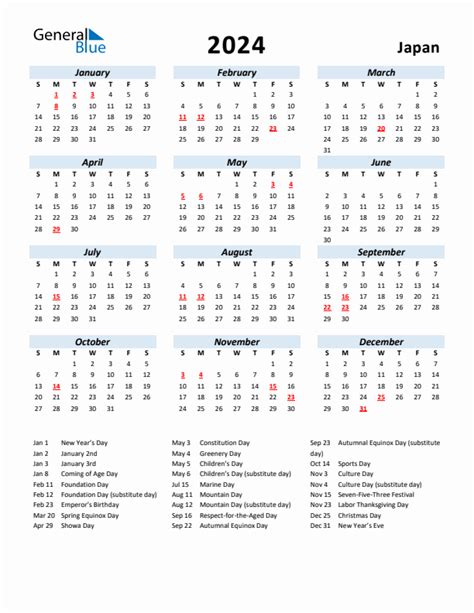 Japan 2024 Calendar With Holidays