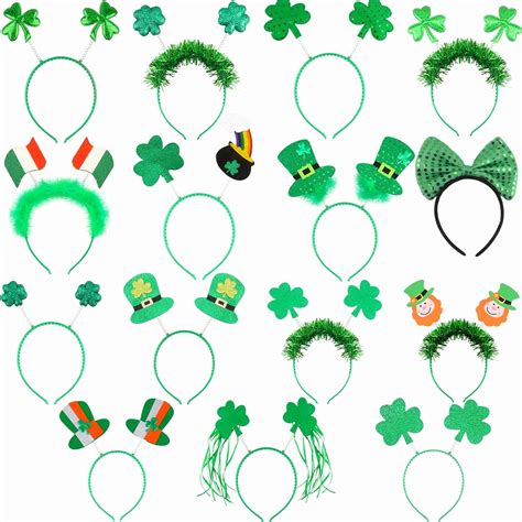 Haconba 15 Packs St Patricks Day Headbands Shamrock Green Hat Head