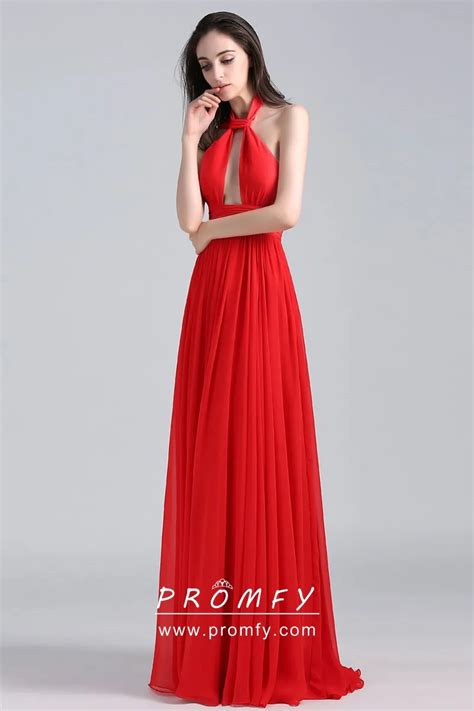 Halter Neck Plunging Red Chiffon Long Prom Dress Promfy