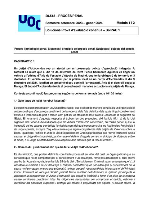 20 513 Sol PAC 1 Procés Penal 20 PROCÉS PENAL Semestre setembre