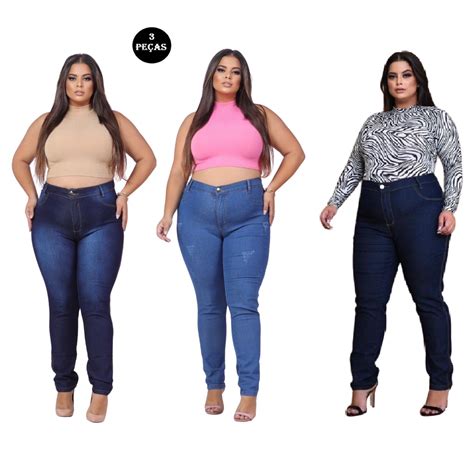 KIT 3 Calça Jeans Feminina Plus Size Cintura Alta Lycra Elastano