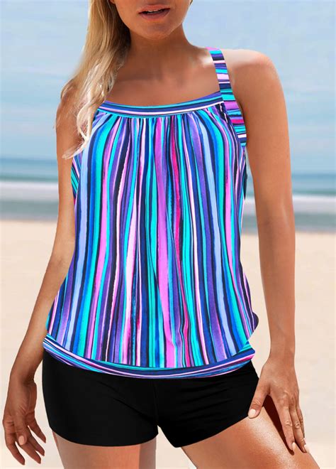 Blue Rainbow Stripe Cross Strap Tankini Top Modlily USD 35 98