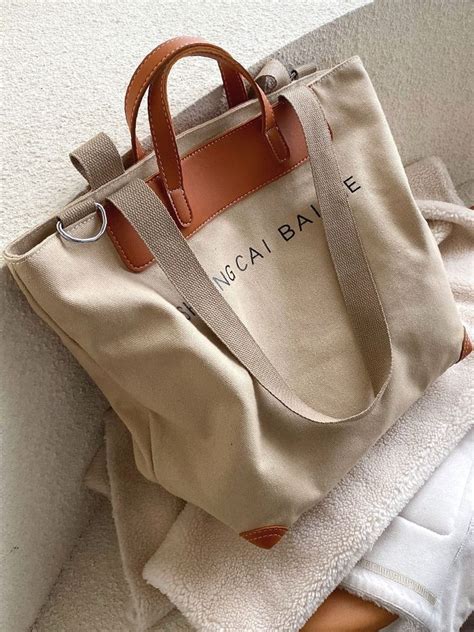 Qteee Letter Graphic Top Handle Bag Women Tote Bags Khaki