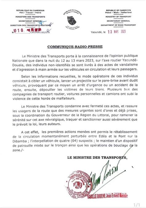 Cameroun Le Communiqu Du Ministre Des Transports Relatif Aux