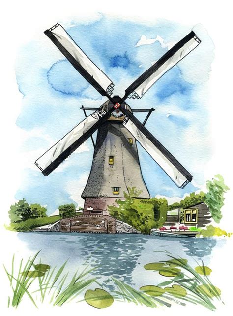 Kinderdijk Windmill Archival X Art Print Of A Painting Of A Dutch