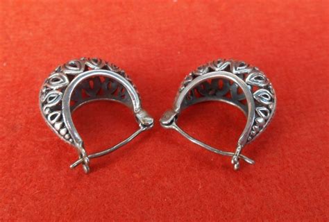 Balinese Sterling Silver Hoop Lotus Flower Pattern Earrings Etsy