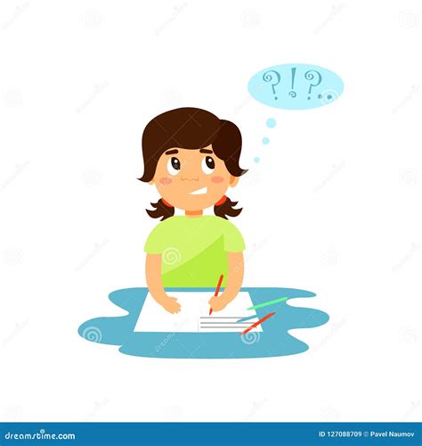 Cute Girl Thinking While Writing In Her Notebook Vector Illustration On