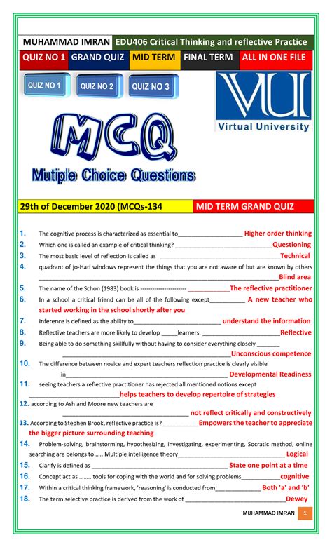 Edu406 Critical Thinking And Reflective Practice Grand Quiz Quiz No 1quiz 2quiz No 3