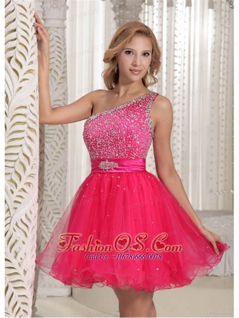 One Shoulder Beaded Decorate Bust Sweet Prom Cocktail Dress With Hot