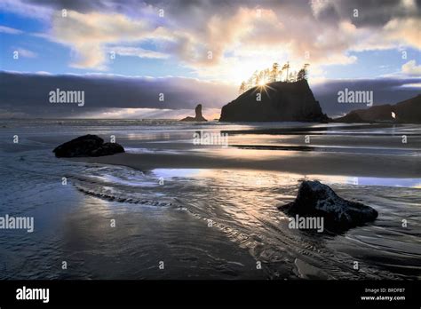 Sunset With Stream At Second Beach Olympic National Park Washington