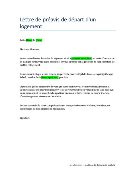 Lettre de préavis de départ d un logement nouveau locataire DOC