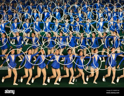 North Korean Gymnasts Performing With Hoops At Arirang Mass Games In