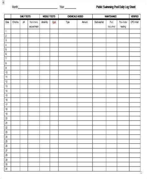 Printable Pool Chemical Log Template