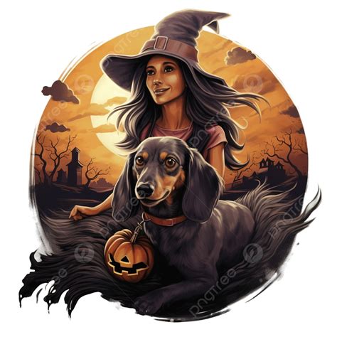 My Dachshund Rides Shotgun On A Halloween T Shirt Design With A Witch