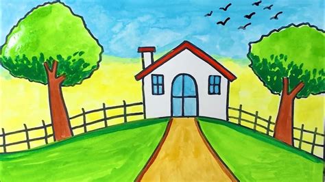 Cách vẽ tranh phong cảnh ngôi nhà trên đồi đẹp how to draw scenery a