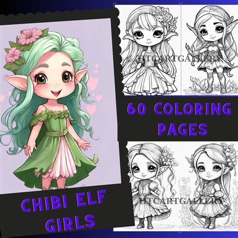 Anime Chibi Elf Girls Coloring Book Page Grayscale Manga Fantasy Famale Elves Coloring For