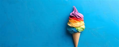 Premium Photo Rainbow Swirl Ice Cream Cone Against A Blue Background