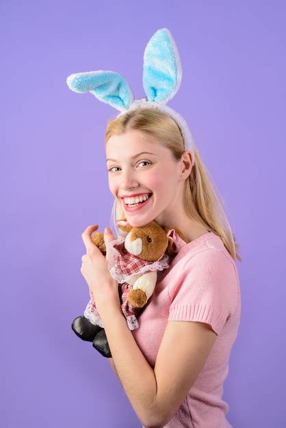 Premium Photo Happy Easter Girl With Bunny Toy Easter Bunny Spring