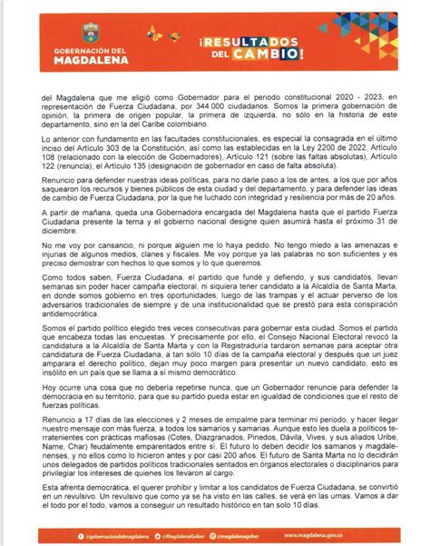 Carta de renuncia de Carlos Caicedo a la Gobernación