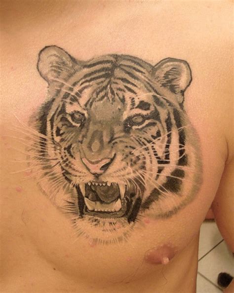 3D realistic big detailed roaring tiger tattoo on chest - Tattooimages.biz