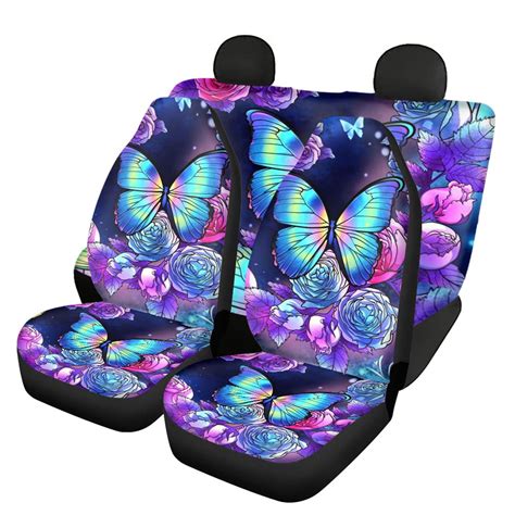 Xoenoiee Car Seat Covers 4 Pcs Full Set Purple Butterfly Peony Flower