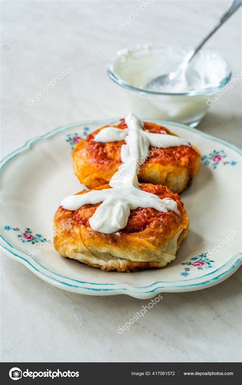 Turkish Traditional Food Borek Manti Minced Meat Tomato Paste Yogurt