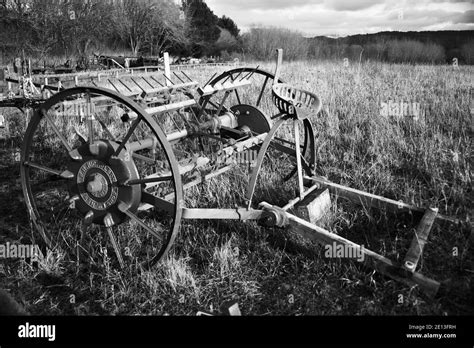 Old farming machinery in field, horse drawn 1800s tedder black and ...