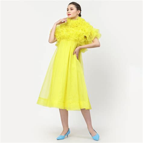 Neon Yellow Organza Dress With Frill Cape Collar Lela By Varija